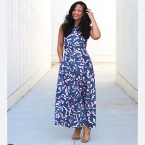 CAbi Aurora Blue Floral Maxi Dress Size‎ 4